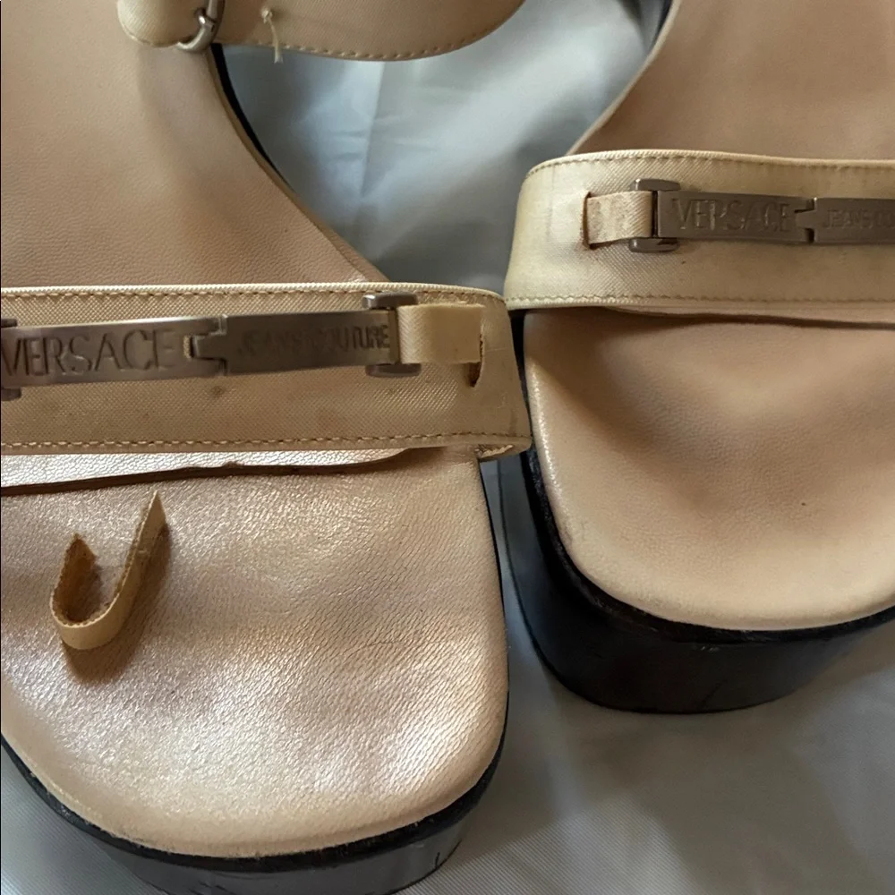 Vintage Gianni Versace Black & Cream Chunky Platform Wedge Sandals 90s Y2K